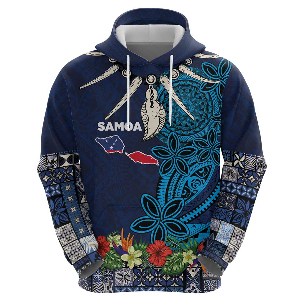 Samoa Siapo Polynesian Art Zip Hoodie Tropical Flowers and Tatau Pattern Navy LT03 - Polynesian Pride