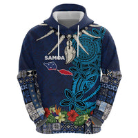 Samoa Siapo Polynesian Art Zip Hoodie Tropical Flowers and Tatau Pattern Navy LT03 - Polynesian Pride