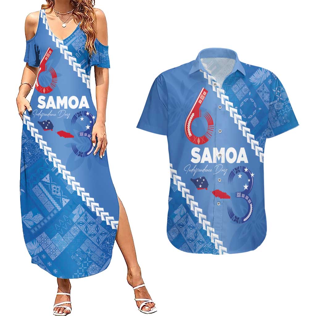 Samoa Independence Day Couples Matching Summer Maxi Dress and Hawaiian Shirt Anniversary 63th-Siapo Art LT03 Blue - Polynesian Pride