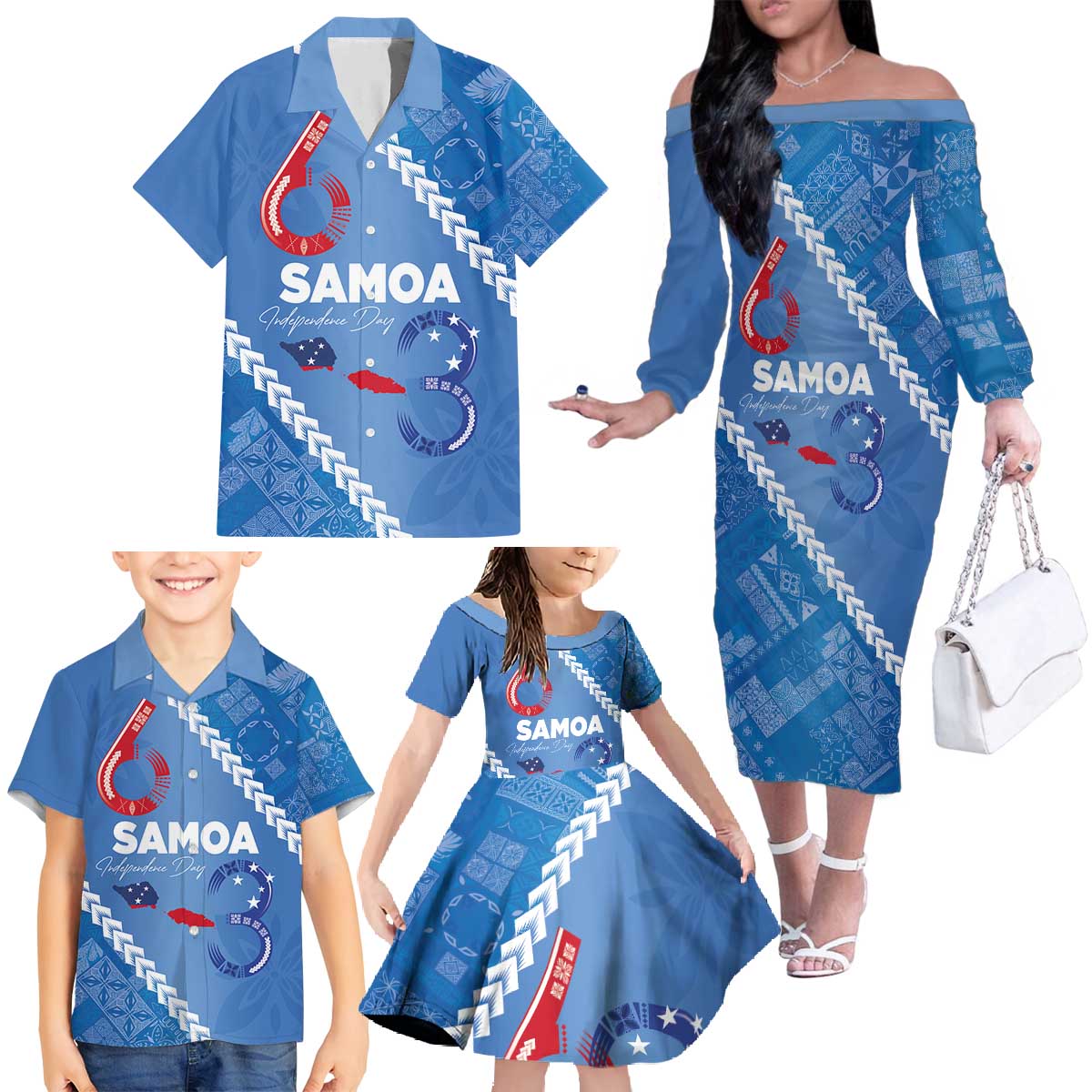 Samoa Independence Day Family Matching Off The Shoulder Long Sleeve Dress and Hawaiian Shirt Anniversary 63th-Siapo Art LT03 - Polynesian Pride