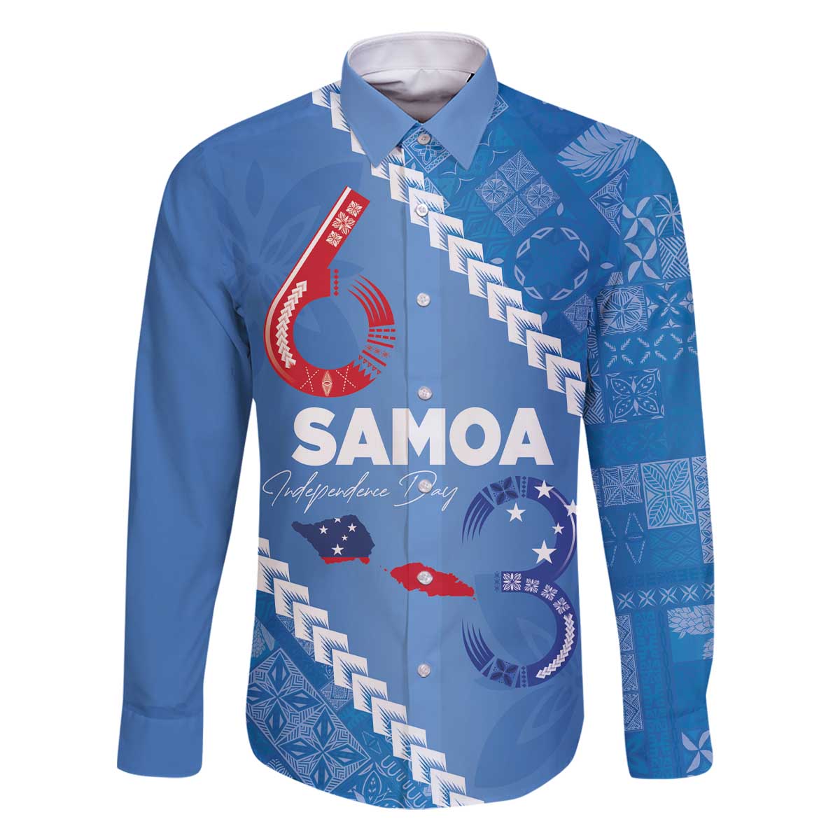 Samoa Independence Day Family Matching Off The Shoulder Long Sleeve Dress and Hawaiian Shirt Anniversary 63th-Siapo Art LT03 Dad's Shirt - Long Sleeve Blue - Polynesian Pride