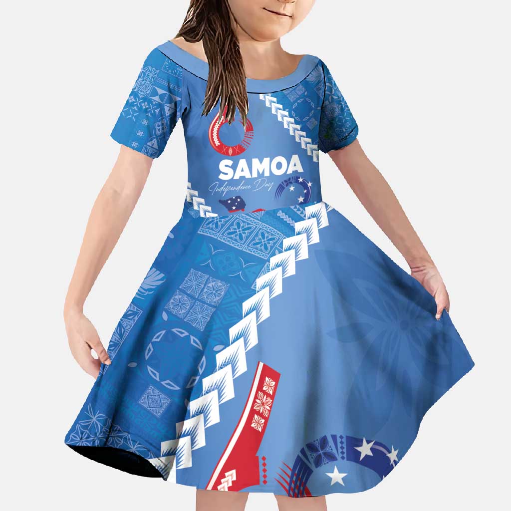 Samoa Independence Day Family Matching Off Shoulder Maxi Dress and Hawaiian Shirt Anniversary 63th-Siapo Art LT03 Daughter's Dress Blue - Polynesian Pride