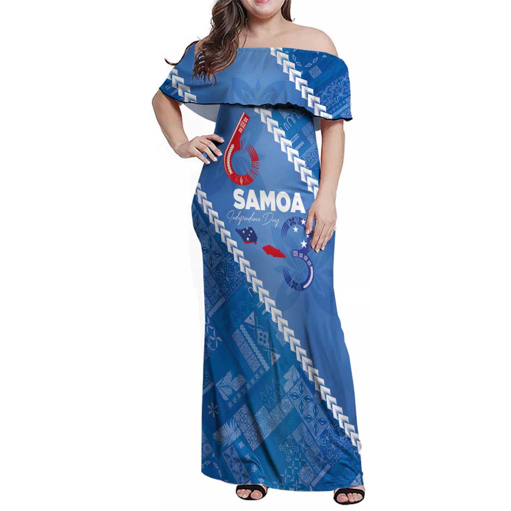Samoa Independence Day Family Matching Off Shoulder Maxi Dress and Hawaiian Shirt Anniversary 63th-Siapo Art LT03 Mom's Dress Blue - Polynesian Pride