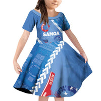 Samoa Independence Day Family Matching Off Shoulder Short Dress and Hawaiian Shirt Anniversary 63th-Siapo Art LT03 Daughter's Dress Blue - Polynesian Pride