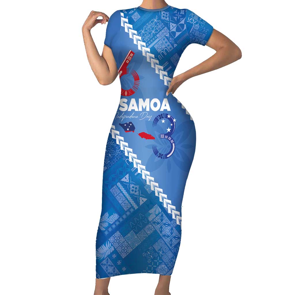 Samoa Independence Day Family Matching Short Sleeve Bodycon Dress and Hawaiian Shirt Anniversary 63th-Siapo Art LT03 Mom's Dress Blue - Polynesian Pride