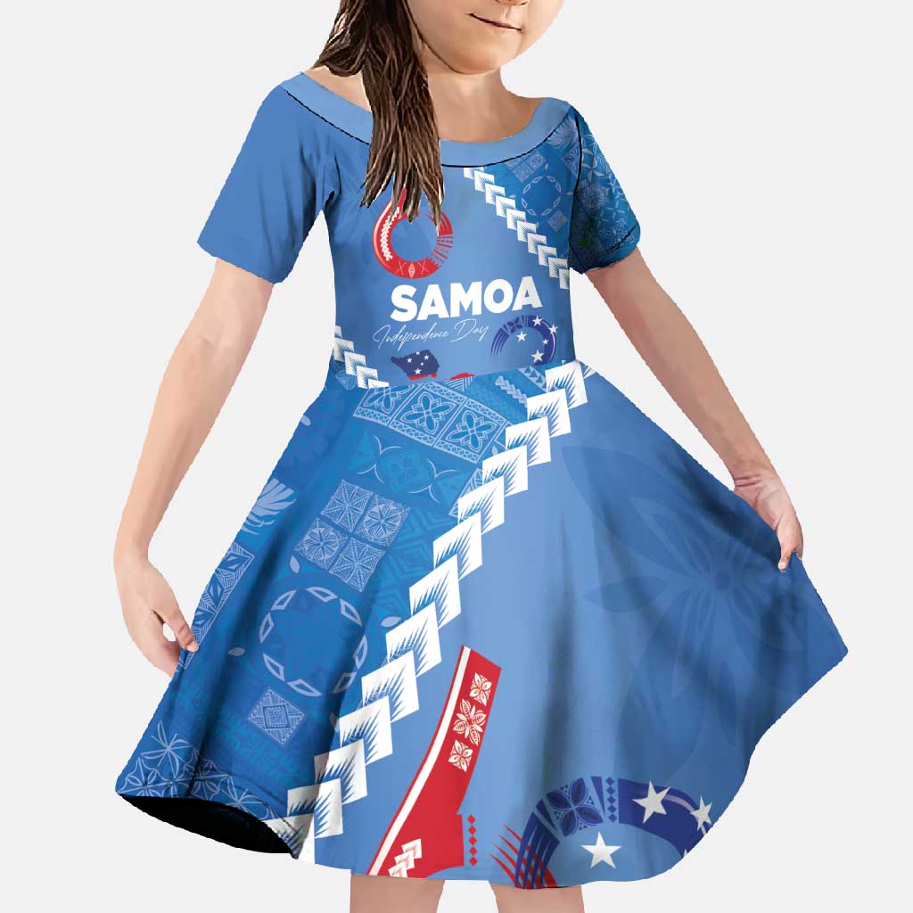 Samoa Independence Day Family Matching Summer Maxi Dress and Hawaiian Shirt Anniversary 63th-Siapo Art LT03 Daughter's Dress Blue - Polynesian Pride