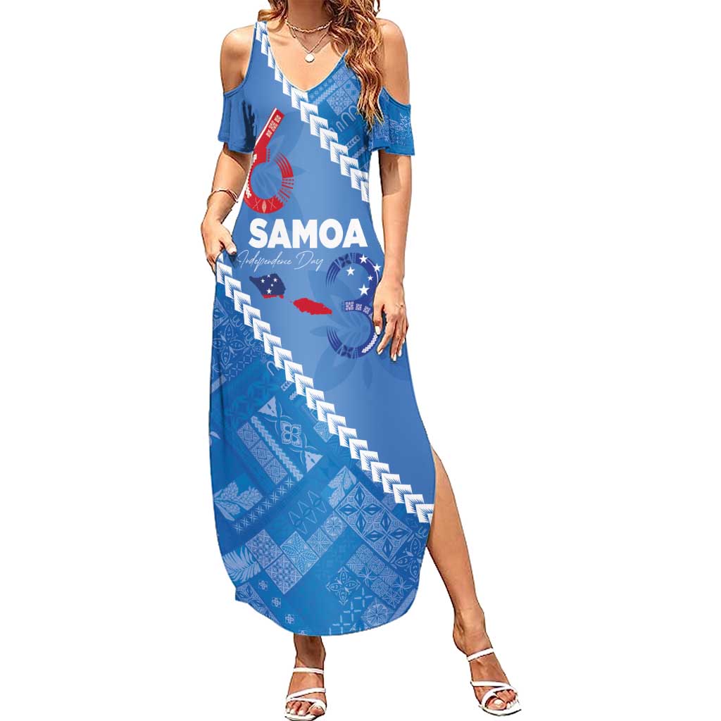 Samoa Independence Day Family Matching Summer Maxi Dress and Hawaiian Shirt Anniversary 63th-Siapo Art LT03 Mom's Dress Blue - Polynesian Pride