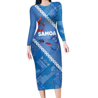 Samoa Independence Day Long Sleeve Bodycon Dress Anniversary 63th-Siapo Art LT03 Long Dress Blue - Polynesian Pride