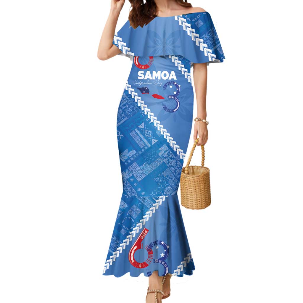 Samoa Independence Day Mermaid Dress Anniversary 63th-Siapo Art LT03 Women Blue - Polynesian Pride