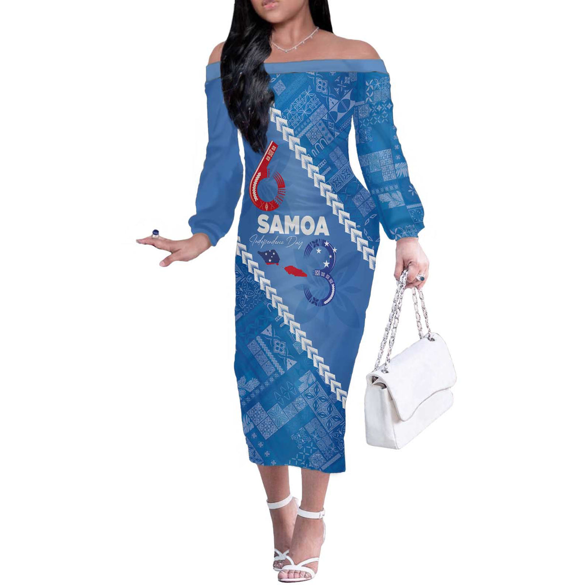 Samoa Independence Day Off The Shoulder Long Sleeve Dress Anniversary 63th-Siapo Art LT03 Women Blue - Polynesian Pride
