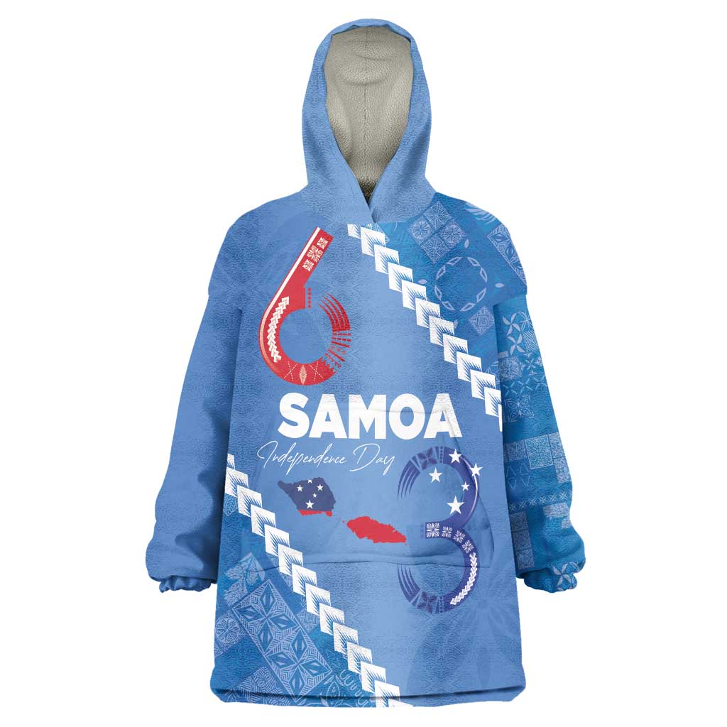 Samoa Independence Day Wearable Blanket Hoodie Anniversary 63th-Siapo Art LT03 One Size Blue - Polynesian Pride
