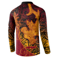 Hawaiian Volcano and Shark Button Sweatshirt Polynesian and Hibiscus Pattern Lava Color