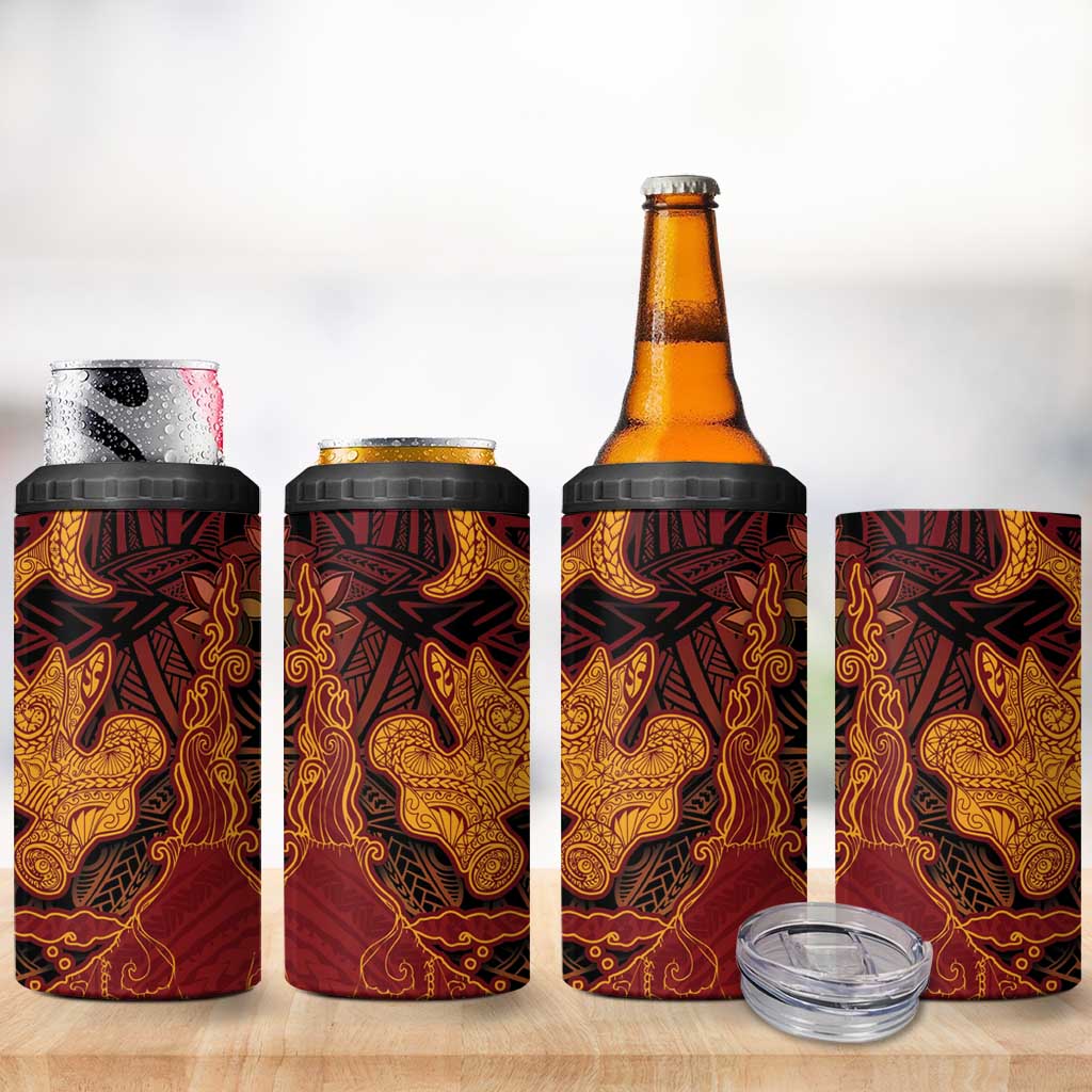 Hawaiian Volcano and Shark 4 in 1 Can Cooler Tumbler Polynesian and Hibiscus Pattern Lava Color