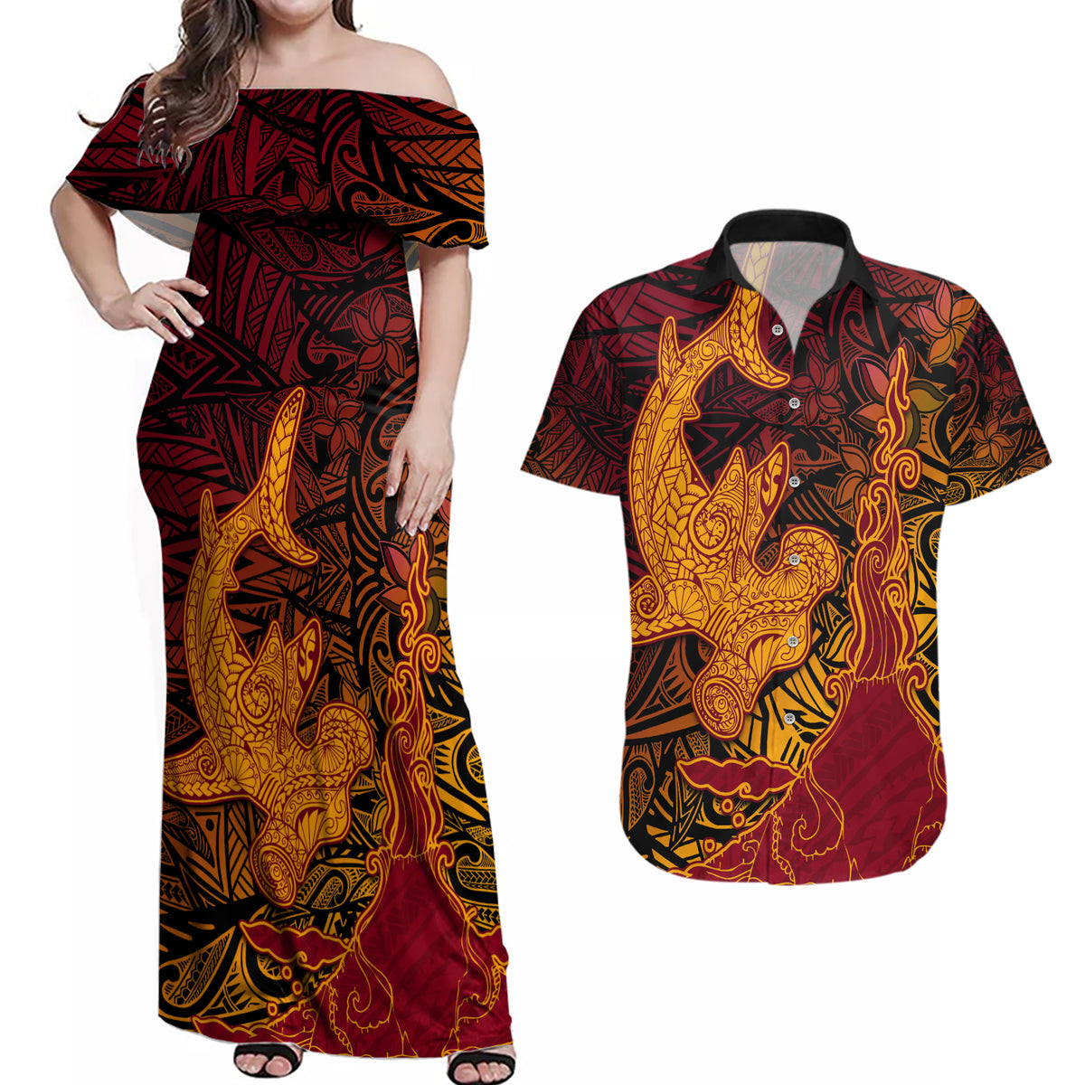 Hawaiian Volcano and Shark Couples Matching Off Shoulder Maxi Dress and Hawaiian Shirt Polynesian and Hibiscus Pattern Lava Color LT03 Red - Polynesian Pride