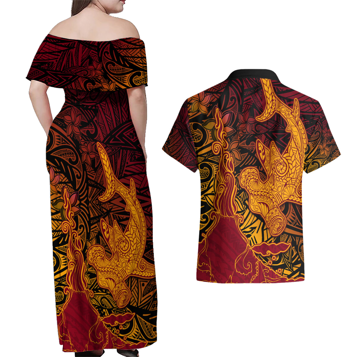Hawaiian Volcano and Shark Couples Matching Off Shoulder Maxi Dress and Hawaiian Shirt Polynesian and Hibiscus Pattern Lava Color LT03 - Polynesian Pride