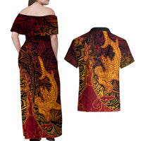 Hawaiian Volcano and Shark Couples Matching Off Shoulder Maxi Dress and Hawaiian Shirt Polynesian and Hibiscus Pattern Lava Color LT03 - Polynesian Pride