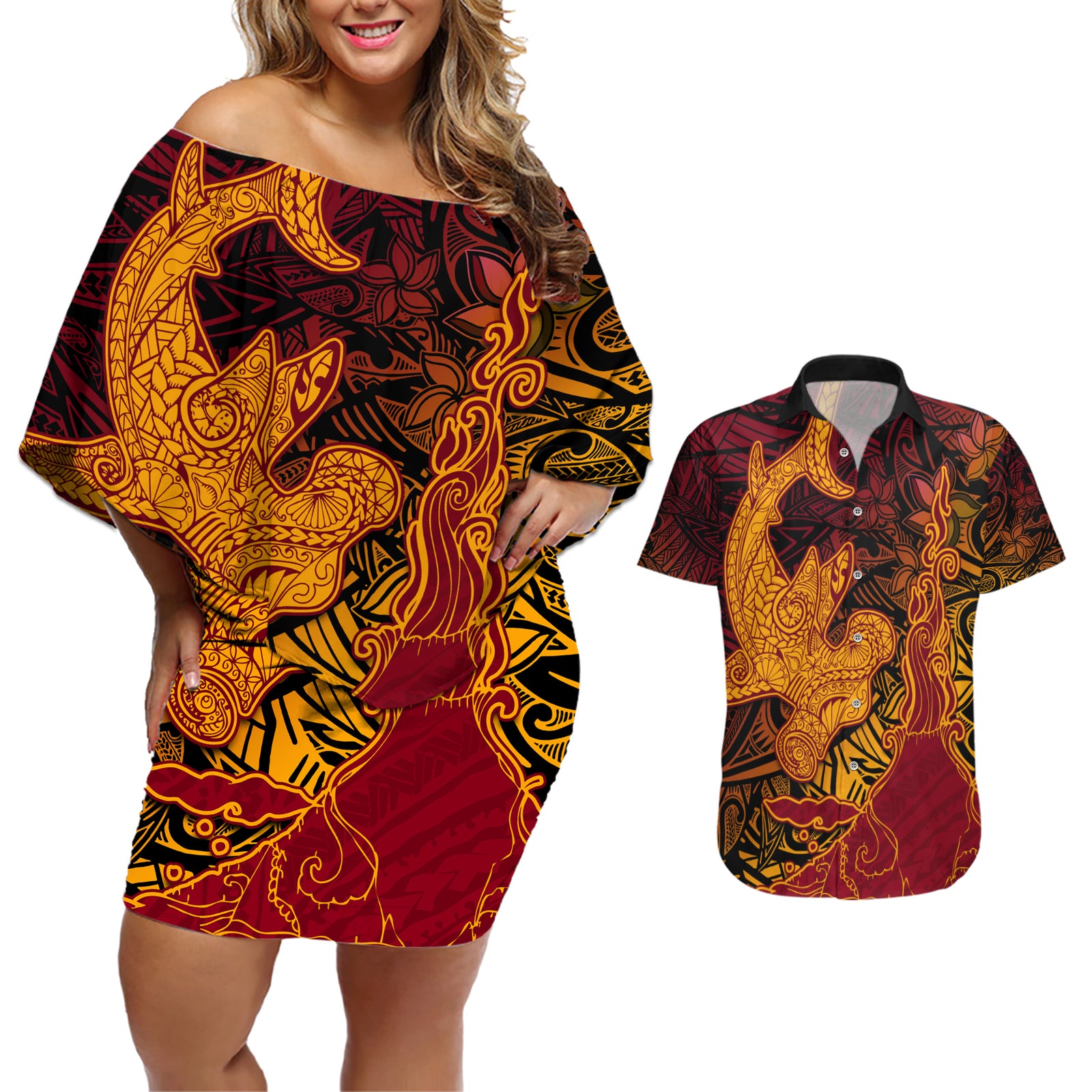 Hawaiian Volcano and Shark Couples Matching Off Shoulder Short Dress and Hawaiian Shirt Polynesian and Hibiscus Pattern Lava Color