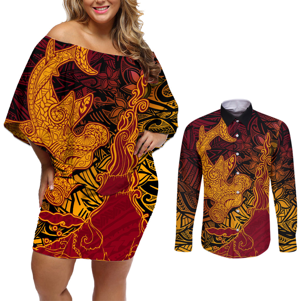 Hawaiian Volcano and Shark Couples Matching Off Shoulder Short Dress and Long Sleeve Button Shirt Polynesian and Hibiscus Pattern Lava Color