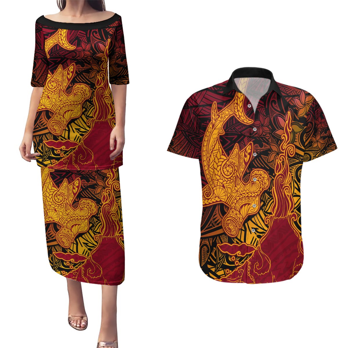 Hawaiian Volcano and Shark Couples Matching Puletasi and Hawaiian Shirt Polynesian and Hibiscus Pattern Lava Color