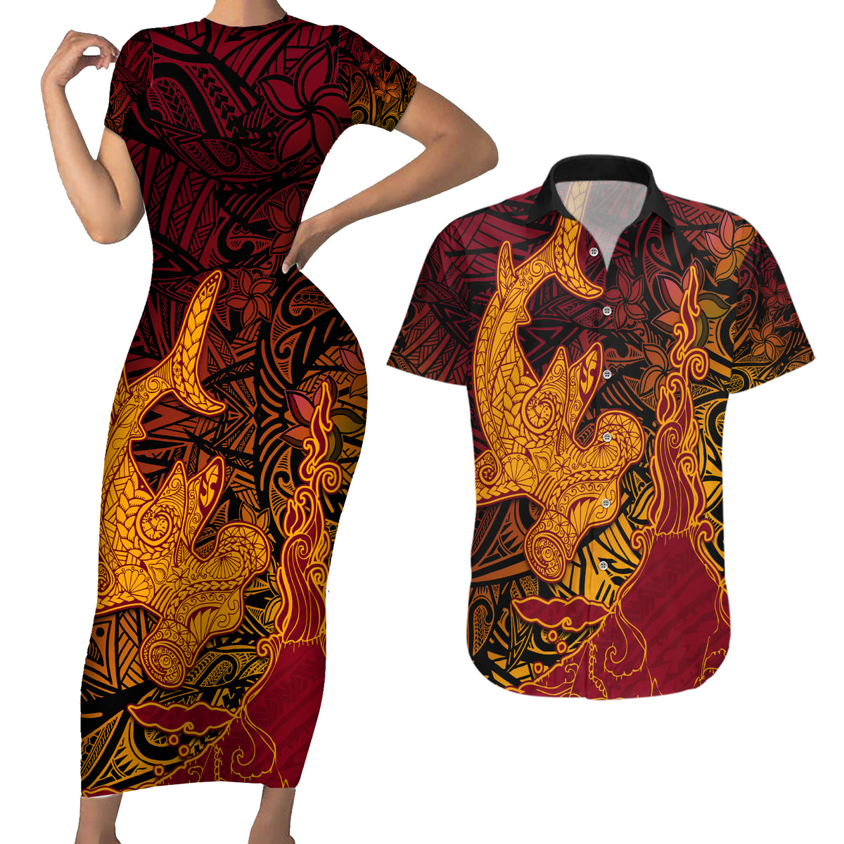 Hawaiian Volcano and Shark Couples Matching Short Sleeve Bodycon Dress and Hawaiian Shirt Polynesian and Hibiscus Pattern Lava Color LT03 Red - Polynesian Pride