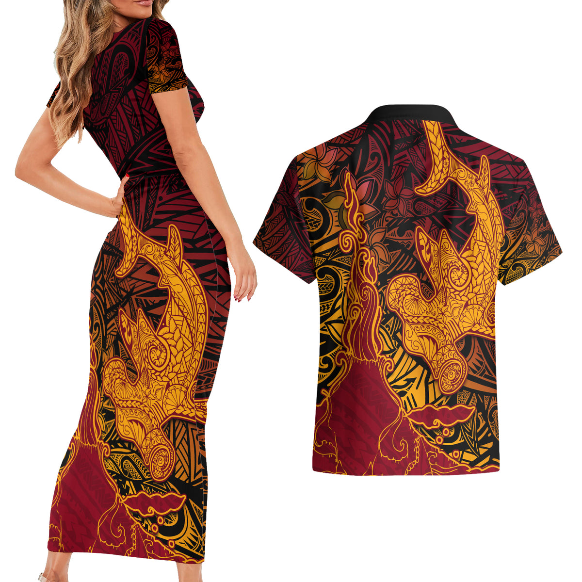 Hawaiian Volcano and Shark Couples Matching Short Sleeve Bodycon Dress and Hawaiian Shirt Polynesian and Hibiscus Pattern Lava Color LT03 - Polynesian Pride