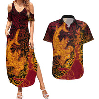 Hawaiian Volcano and Shark Couples Matching Summer Maxi Dress and Hawaiian Shirt Polynesian and Hibiscus Pattern Lava Color