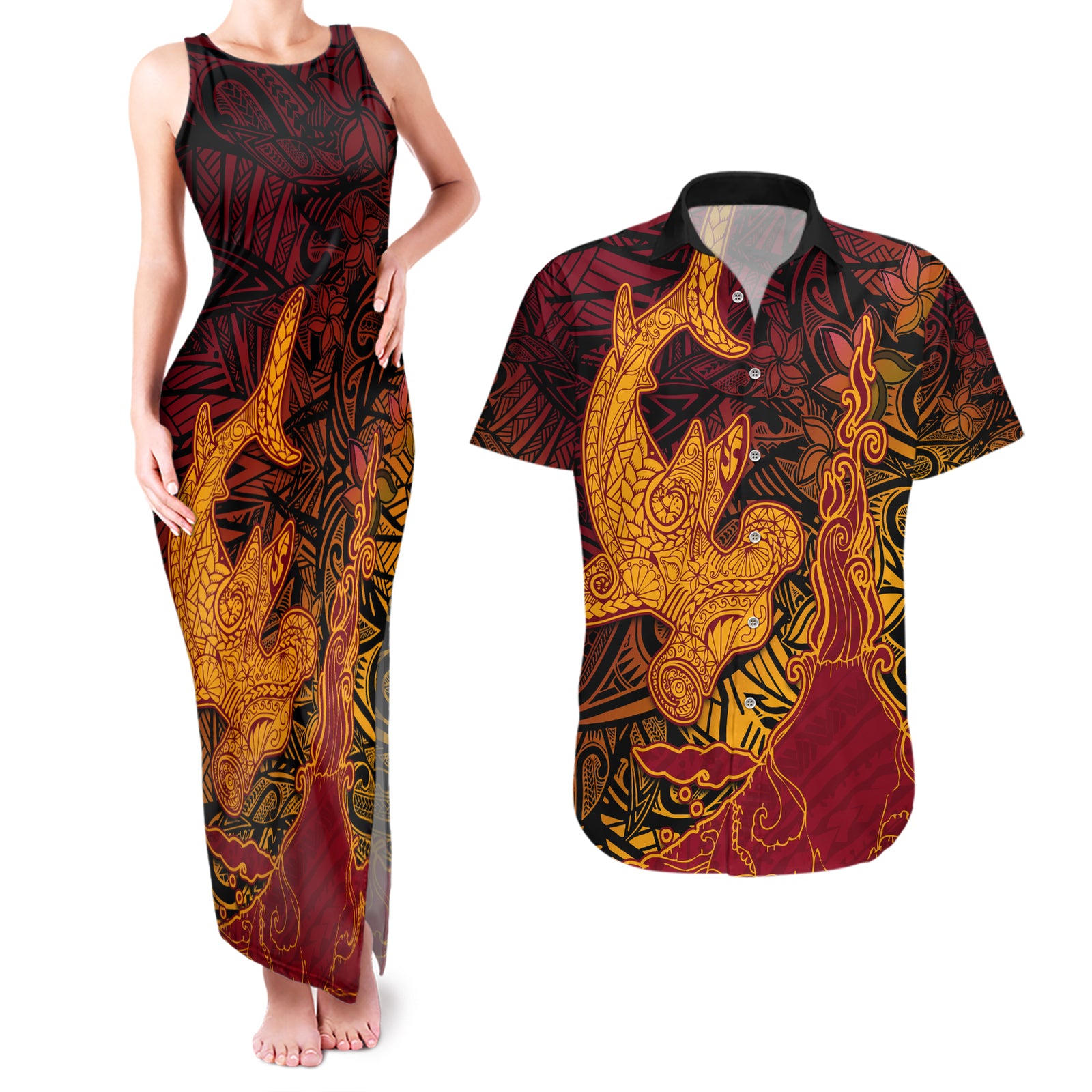Hawaiian Volcano and Shark Couples Matching Tank Maxi Dress and Hawaiian Shirt Polynesian and Hibiscus Pattern Lava Color