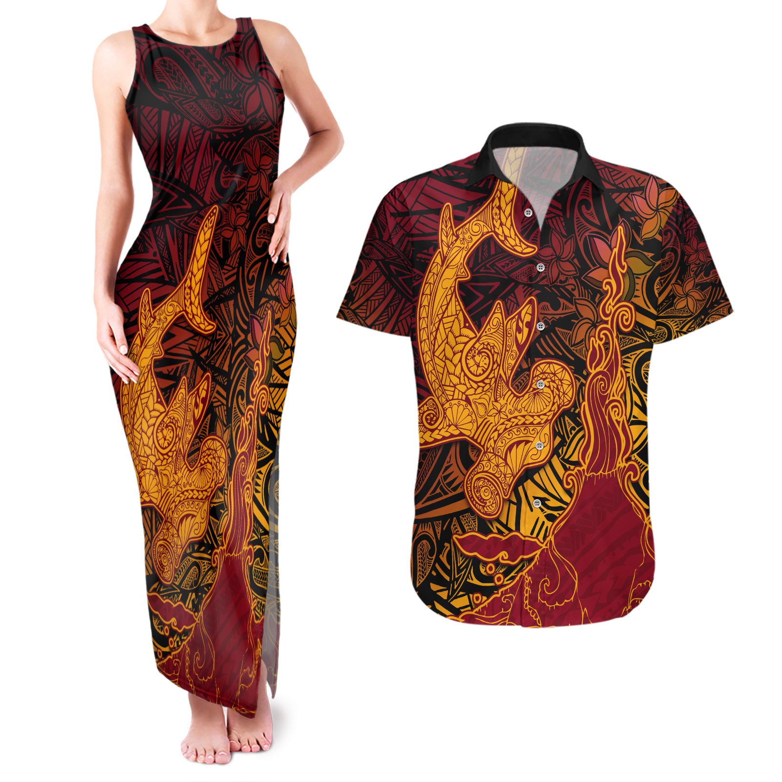 Hawaiian Volcano and Shark Couples Matching Tank Maxi Dress and Hawaiian Shirt Polynesian and Hibiscus Pattern Lava Color
