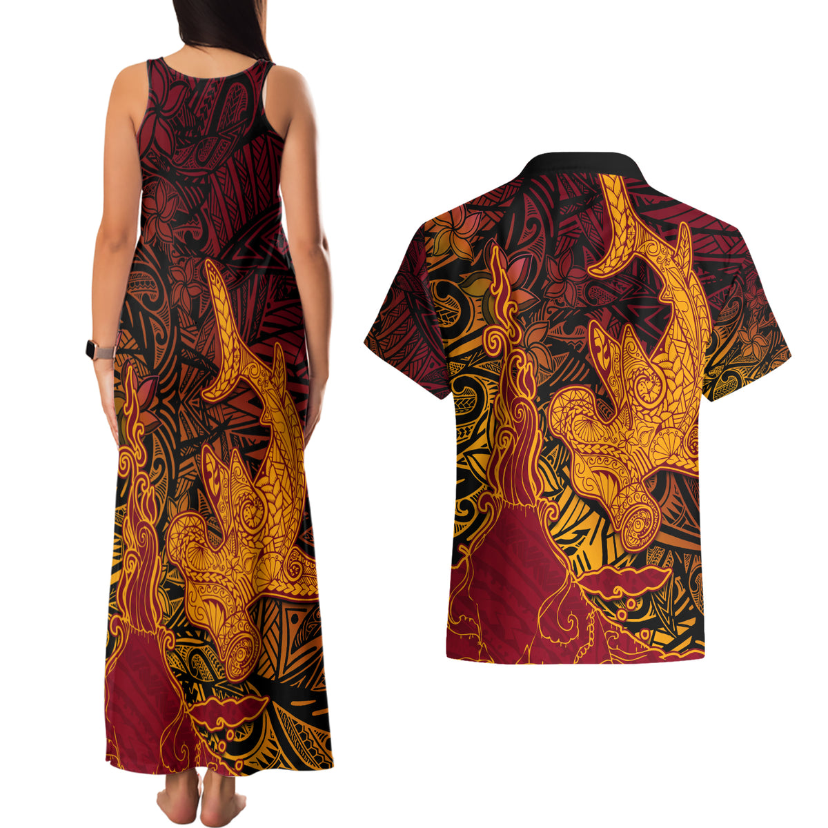 Hawaiian Volcano and Shark Couples Matching Tank Maxi Dress and Hawaiian Shirt Polynesian and Hibiscus Pattern Lava Color