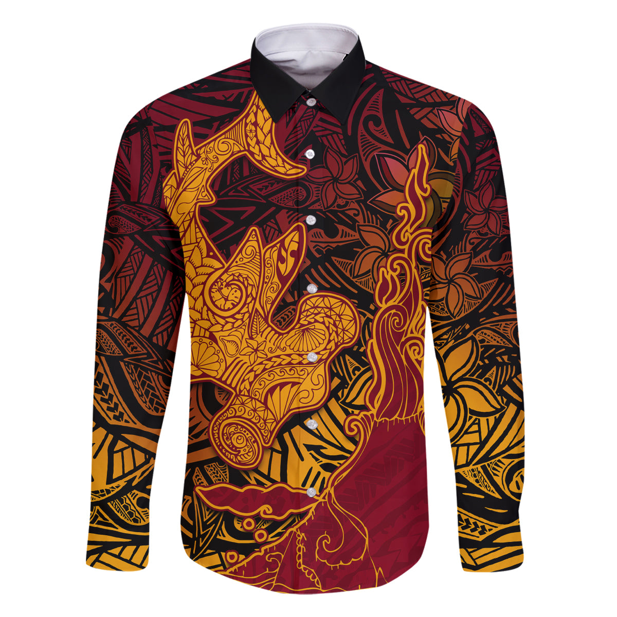Hawaiian Volcano and Shark Family Matching Long Sleeve Bodycon Dress and Hawaiian Shirt Polynesian and Hibiscus Pattern Lava Color