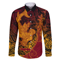 Hawaiian Volcano and Shark Family Matching Long Sleeve Bodycon Dress and Hawaiian Shirt Polynesian and Hibiscus Pattern Lava Color