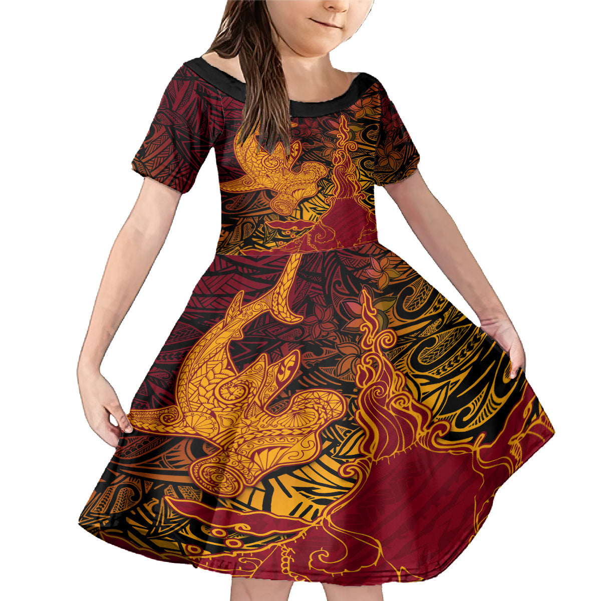 Hawaiian Volcano and Shark Family Matching Mermaid Dress and Hawaiian Shirt Polynesian and Hibiscus Pattern Lava Color LT03 Daughter's Dress Red - Polynesian Pride