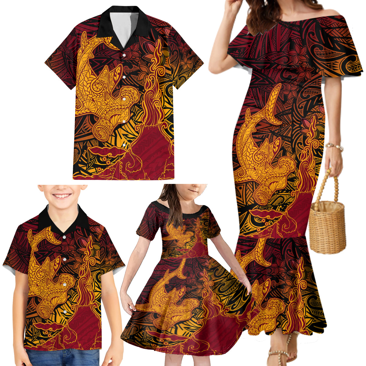 Hawaiian Volcano and Shark Family Matching Mermaid Dress and Hawaiian Shirt Polynesian and Hibiscus Pattern Lava Color LT03 - Polynesian Pride