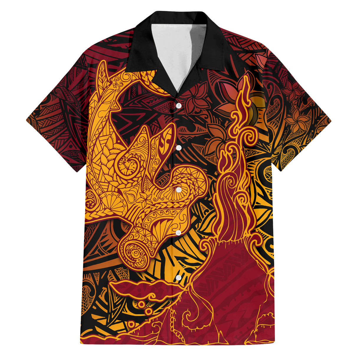 Hawaiian Volcano and Shark Family Matching Mermaid Dress and Hawaiian Shirt Polynesian and Hibiscus Pattern Lava Color LT03 Dad's Shirt - Short Sleeve Red - Polynesian Pride