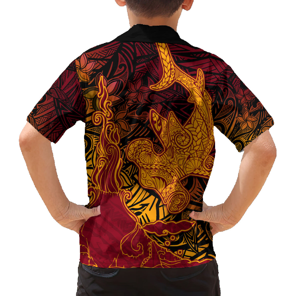 Hawaiian Volcano and Shark Family Matching Off Shoulder Maxi Dress and Hawaiian Shirt Polynesian and Hibiscus Pattern Lava Color LT03 - Polynesian Pride