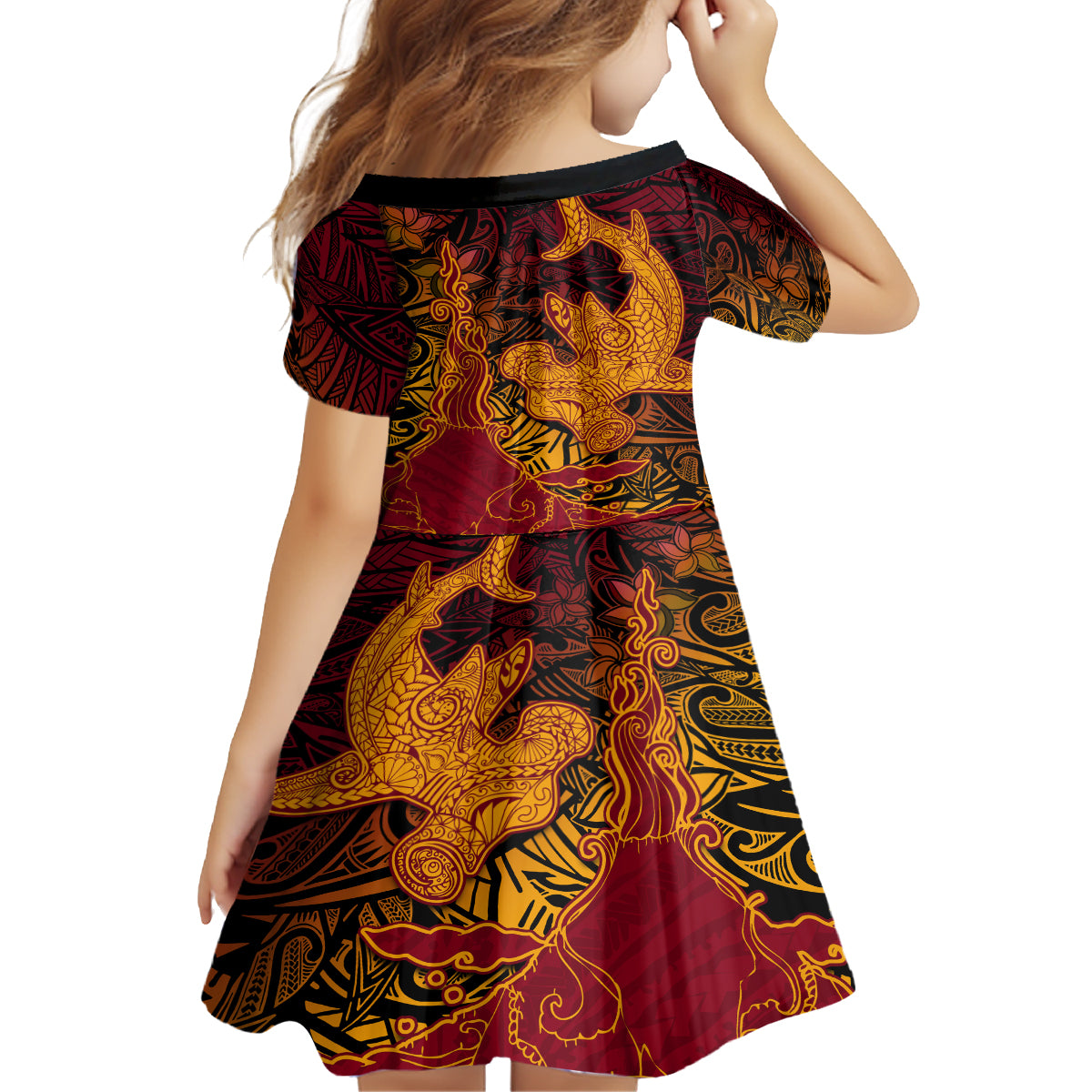 Hawaiian Volcano and Shark Family Matching Puletasi and Hawaiian Shirt Polynesian and Hibiscus Pattern Lava Color LT03 - Polynesian Pride