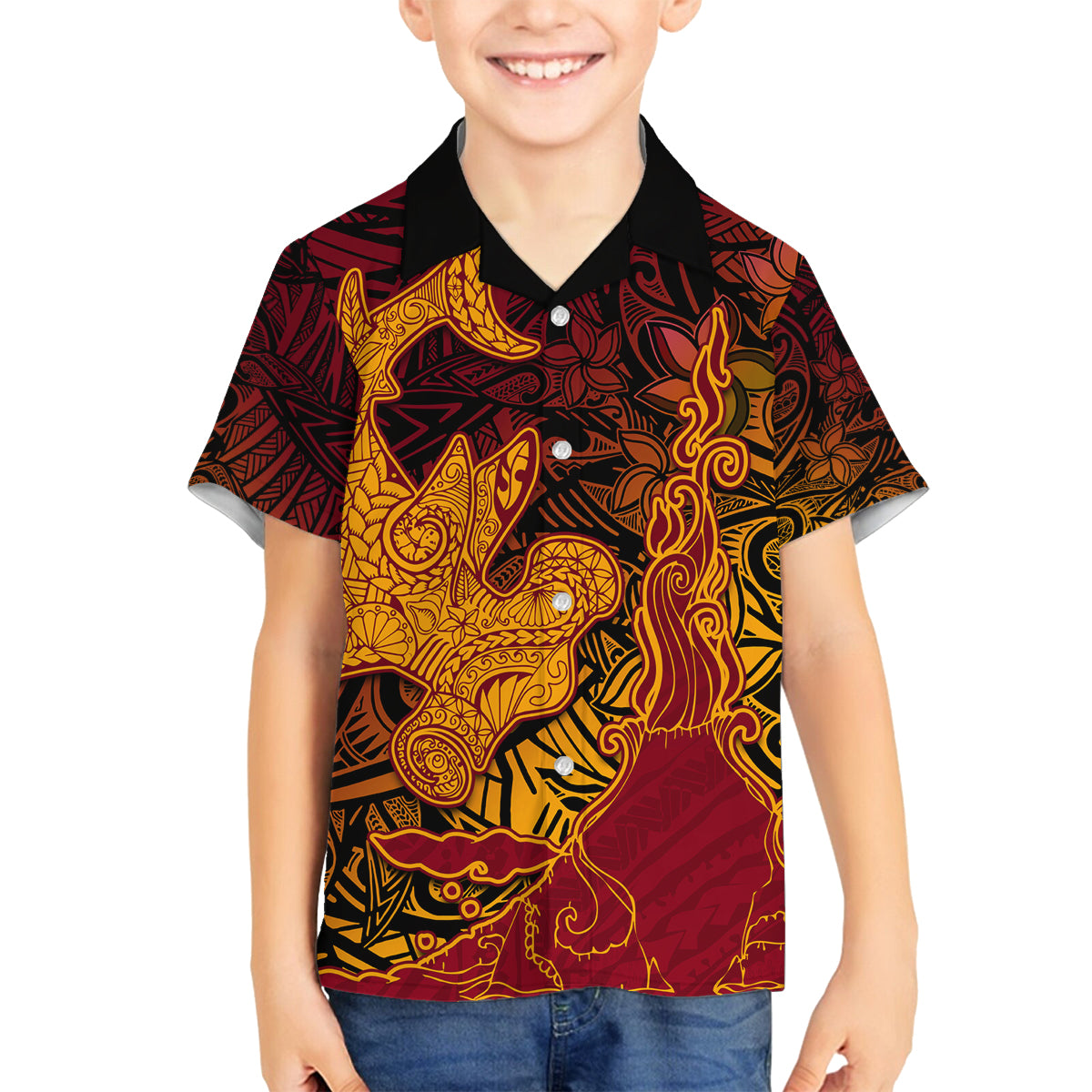 Hawaiian Volcano and Shark Family Matching Puletasi and Hawaiian Shirt Polynesian and Hibiscus Pattern Lava Color LT03 Son's Shirt Red - Polynesian Pride