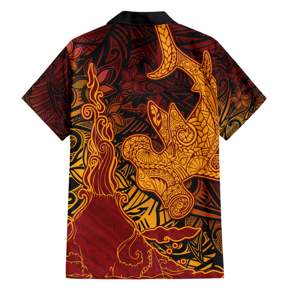 Hawaiian Volcano and Shark Family Matching Short Sleeve Bodycon Dress and Hawaiian Shirt Polynesian and Hibiscus Pattern Lava Color
