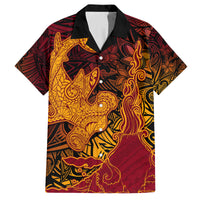 Hawaiian Volcano and Shark Family Matching Summer Maxi Dress and Hawaiian Shirt Polynesian and Hibiscus Pattern Lava Color