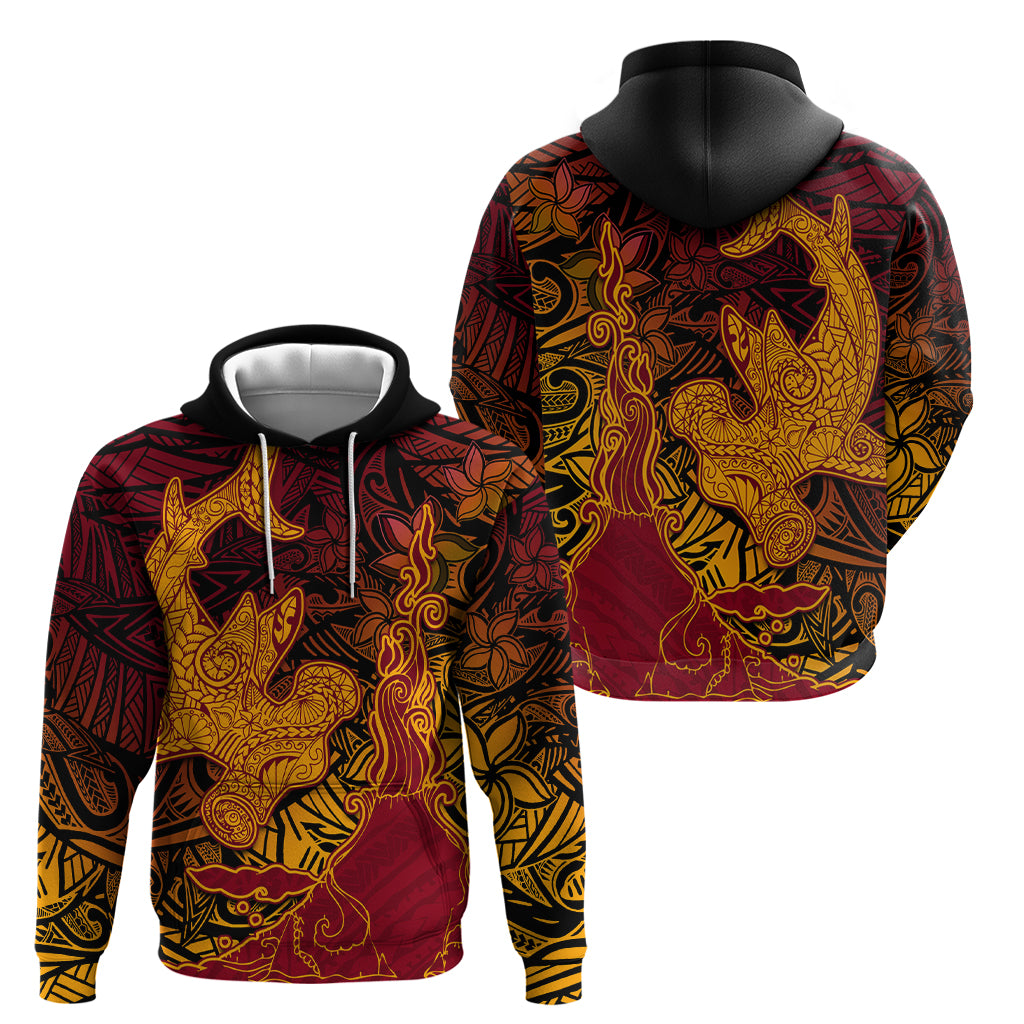 Hawaiian Volcano and Shark Hoodie Polynesian and Hibiscus Pattern Lava Color LT03 - Polynesian Pride
