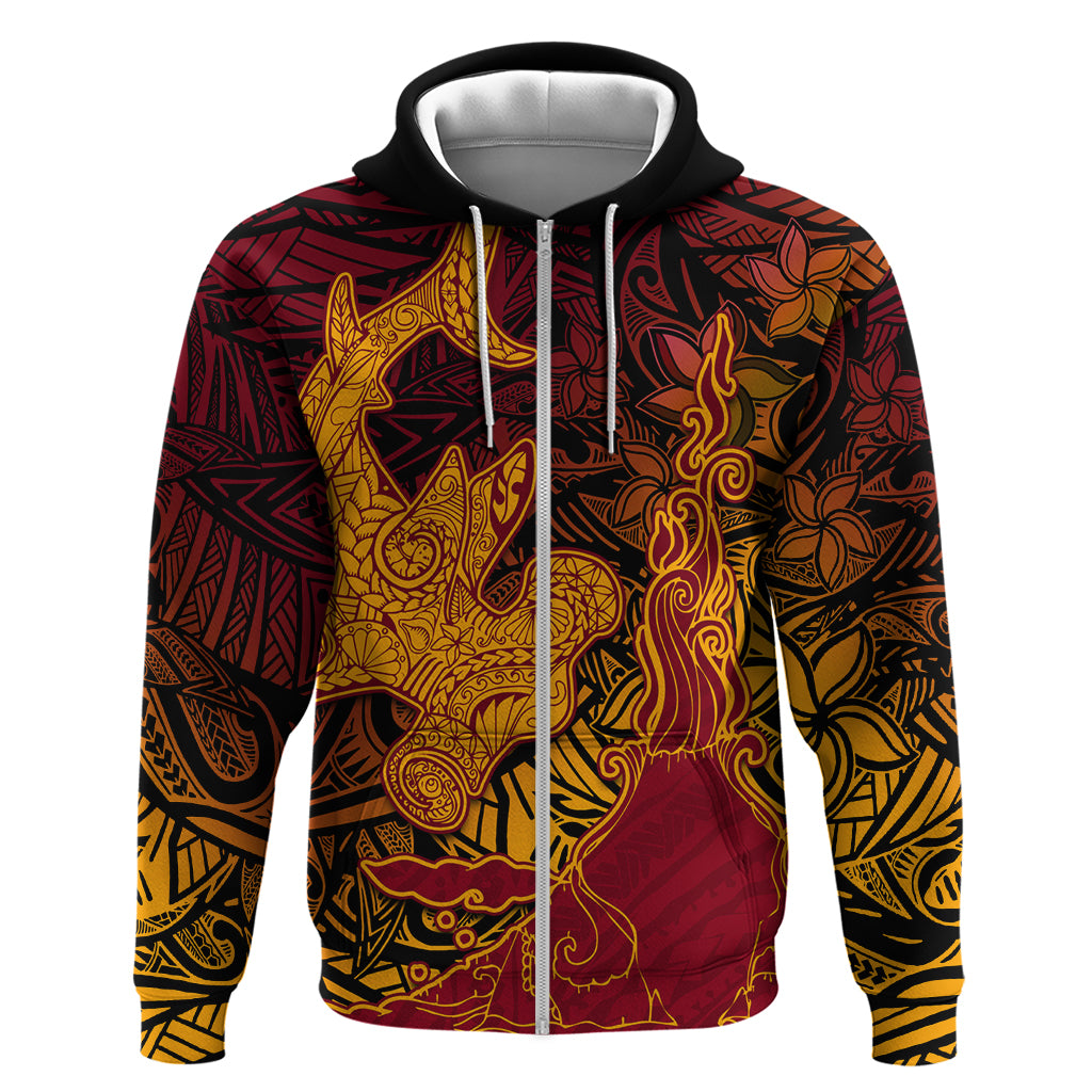 Hawaiian Volcano and Shark Hoodie Polynesian and Hibiscus Pattern Lava Color LT03 Zip Hoodie Red - Polynesian Pride