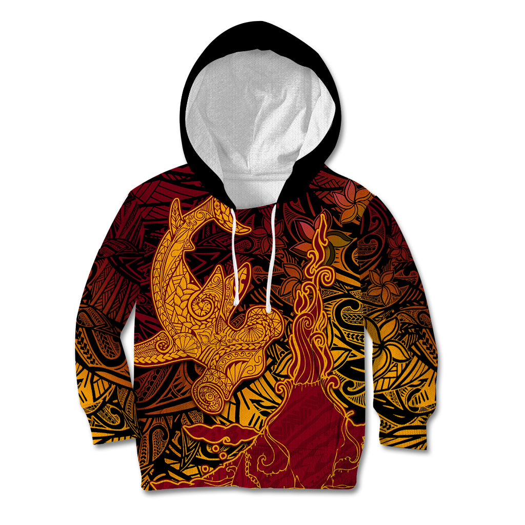 Hawaiian Volcano and Shark Kid Hoodie Polynesian and Hibiscus Pattern Lava Color LT03 Hoodie Red - Polynesian Pride