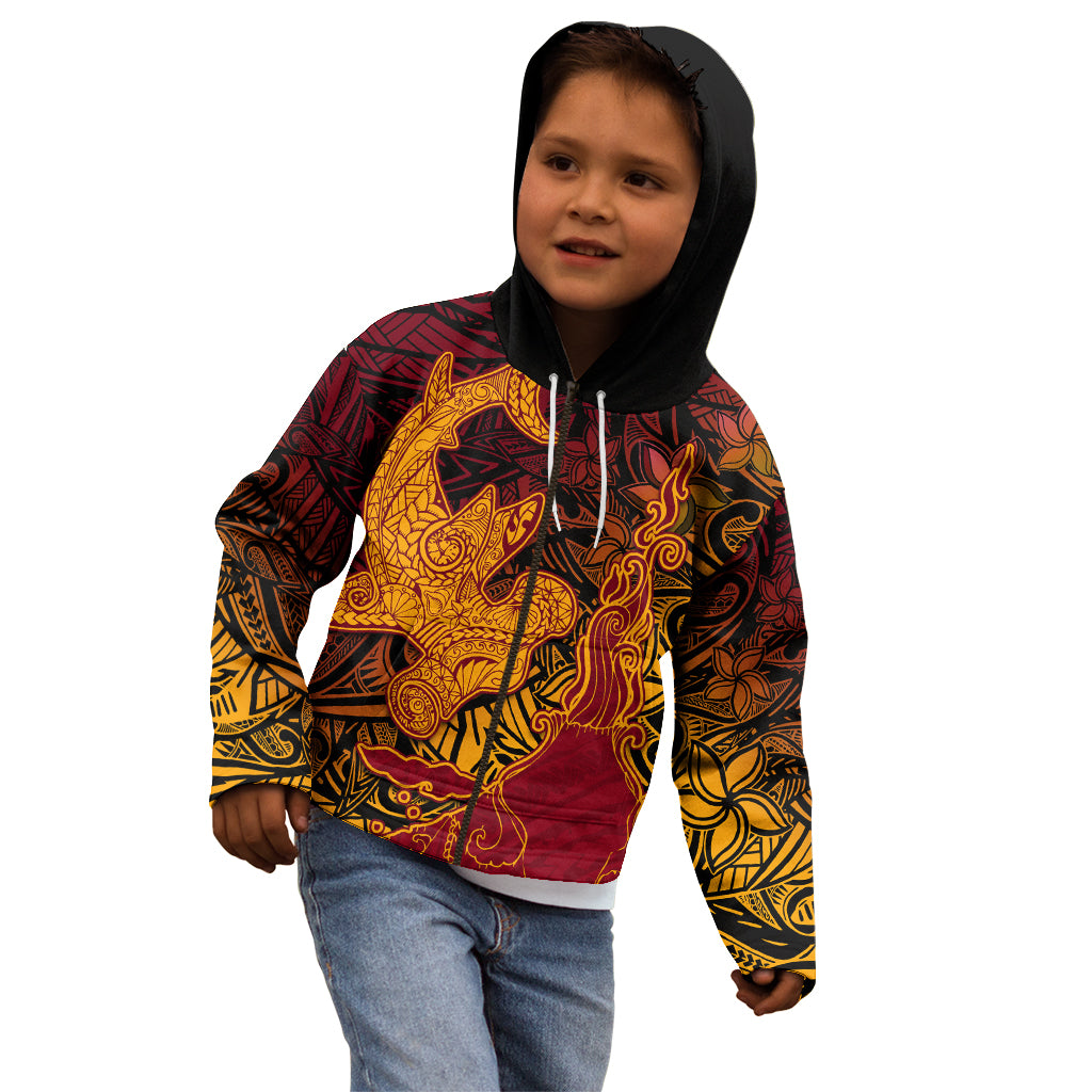 Hawaiian Volcano and Shark Kid Hoodie Polynesian and Hibiscus Pattern Lava Color LT03 - Polynesian Pride