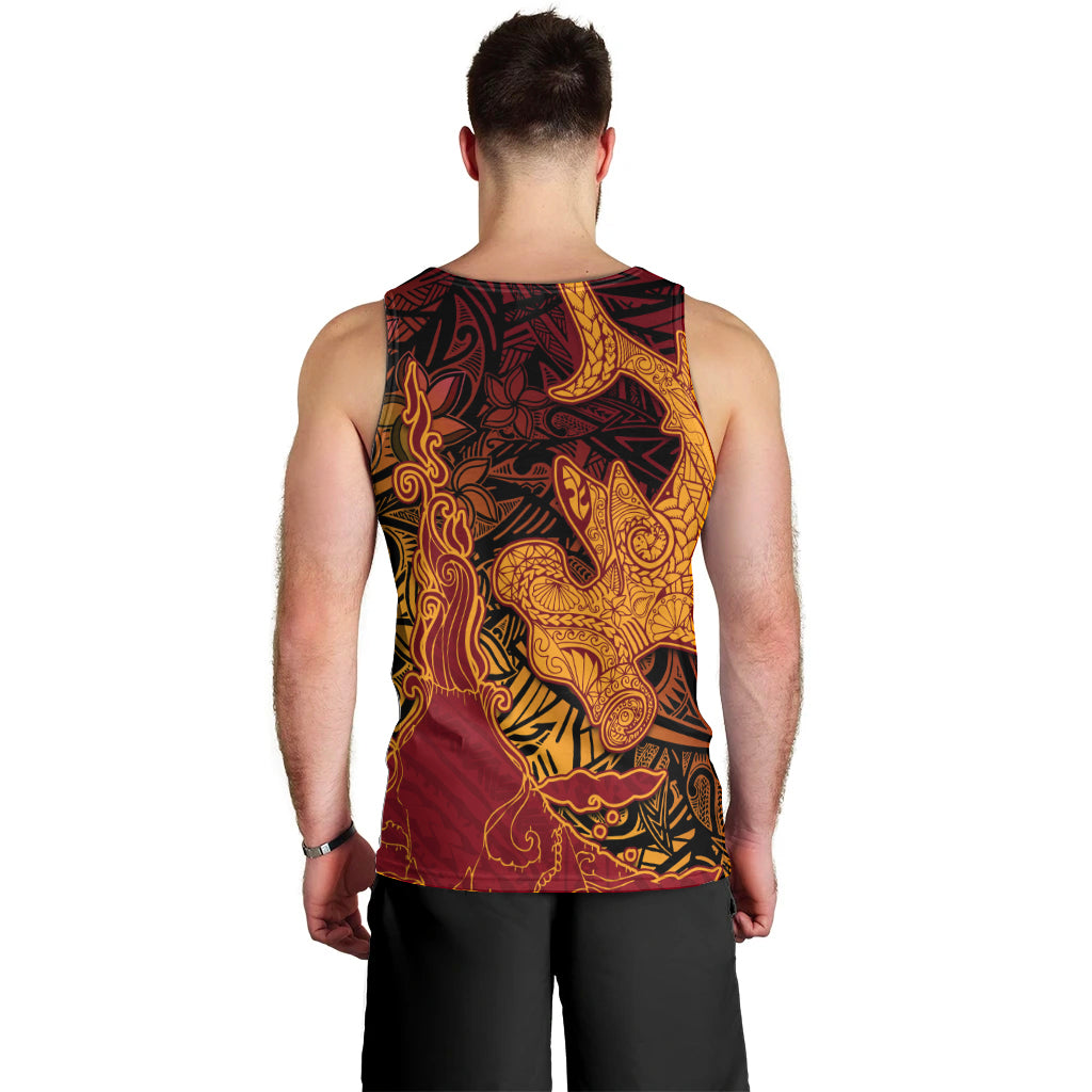 Hawaiian Volcano and Shark Men Tank Top Polynesian and Hibiscus Pattern Lava Color