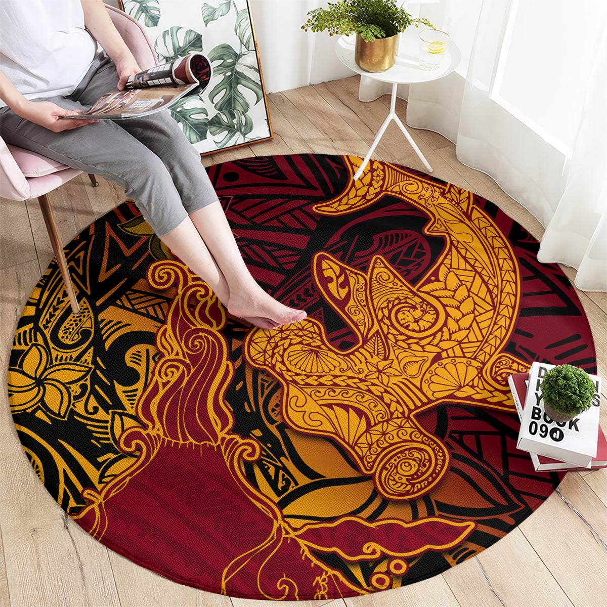 Hawaiian Volcano and Shark Round Carpet Polynesian and Hibiscus Pattern Lava Color LT03 - Polynesian Pride