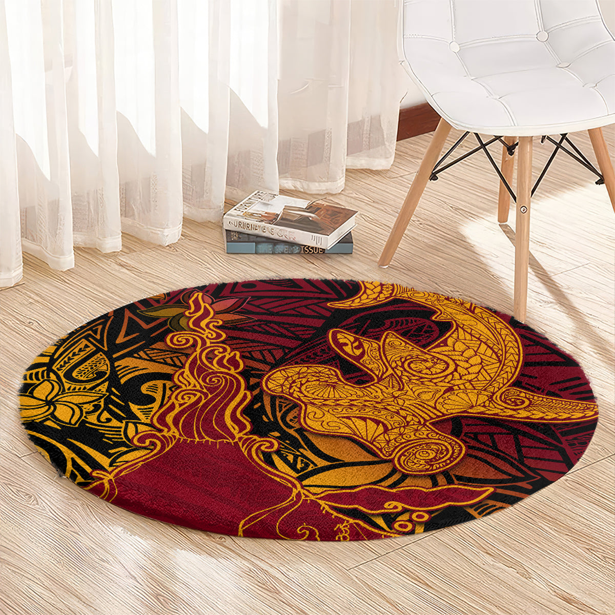 Hawaiian Volcano and Shark Round Carpet Polynesian and Hibiscus Pattern Lava Color LT03 - Polynesian Pride