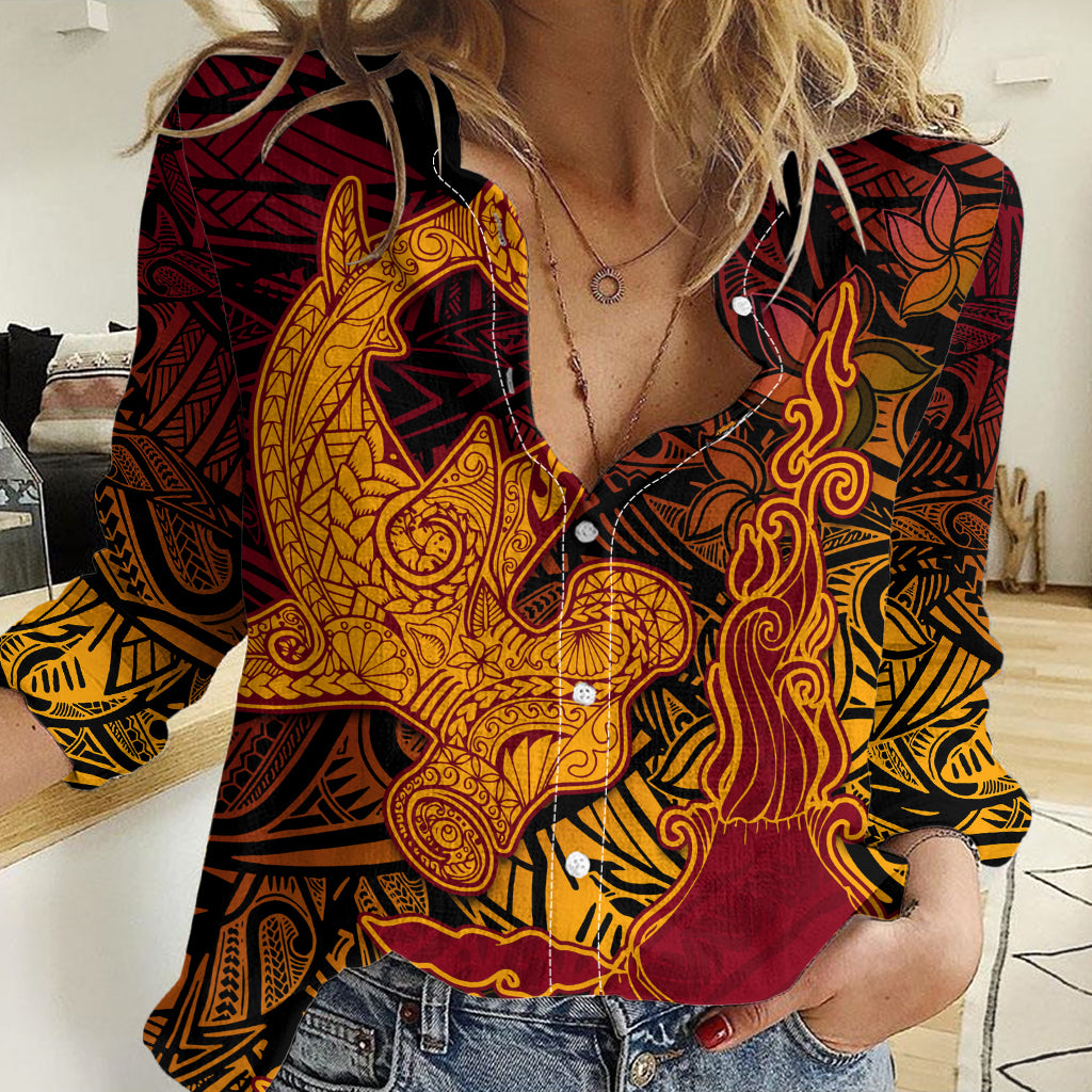 Hawaiian Volcano and Shark Women Casual Shirt Polynesian and Hibiscus Pattern Lava Color