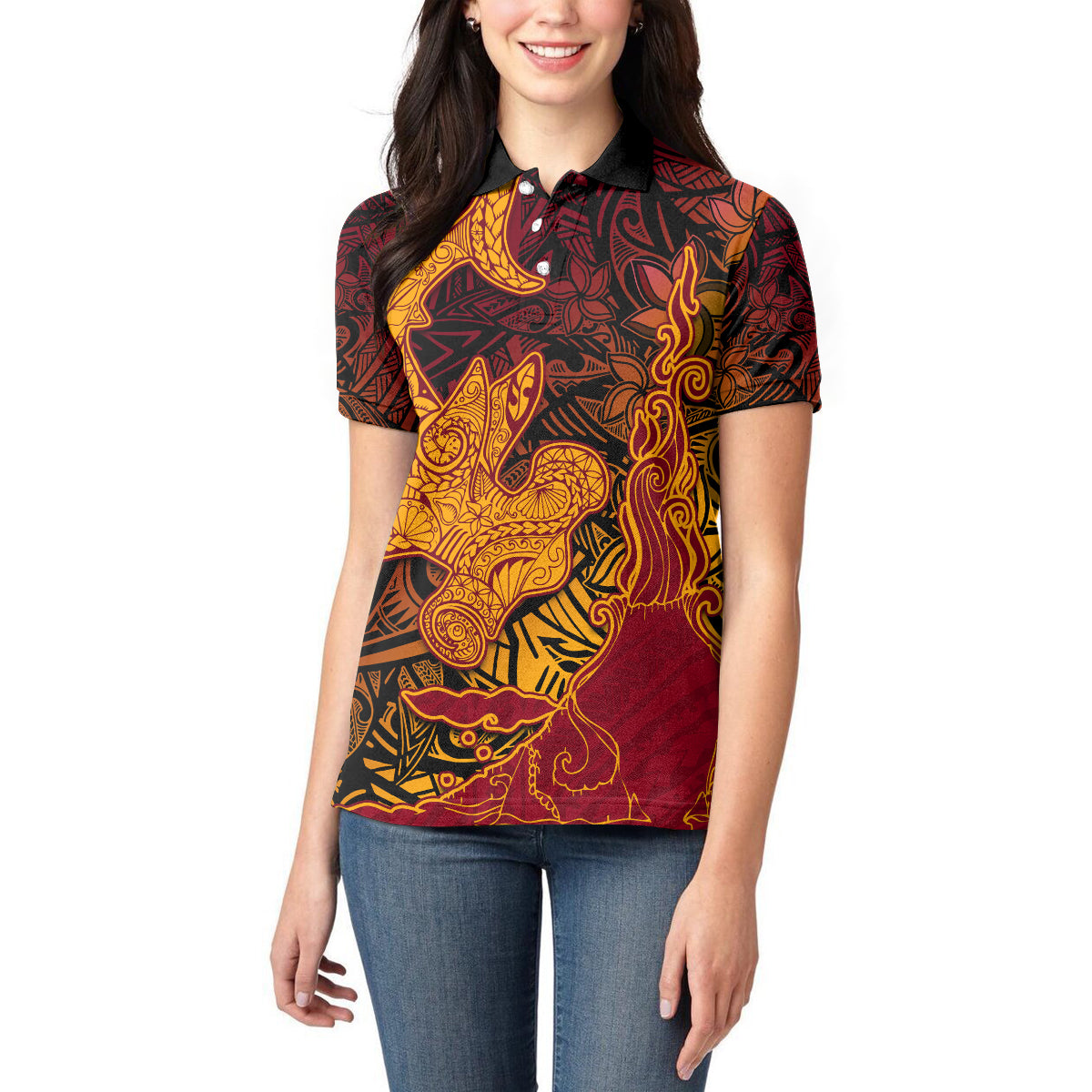 Hawaiian Volcano and Shark Women Polo Shirt Polynesian and Hibiscus Pattern Lava Color