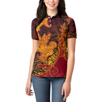 Hawaiian Volcano and Shark Women Polo Shirt Polynesian and Hibiscus Pattern Lava Color