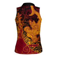 Hawaiian Volcano and Shark Women Sleeveless Polo Shirt Polynesian and Hibiscus Pattern Lava Color LT03 - Polynesian Pride